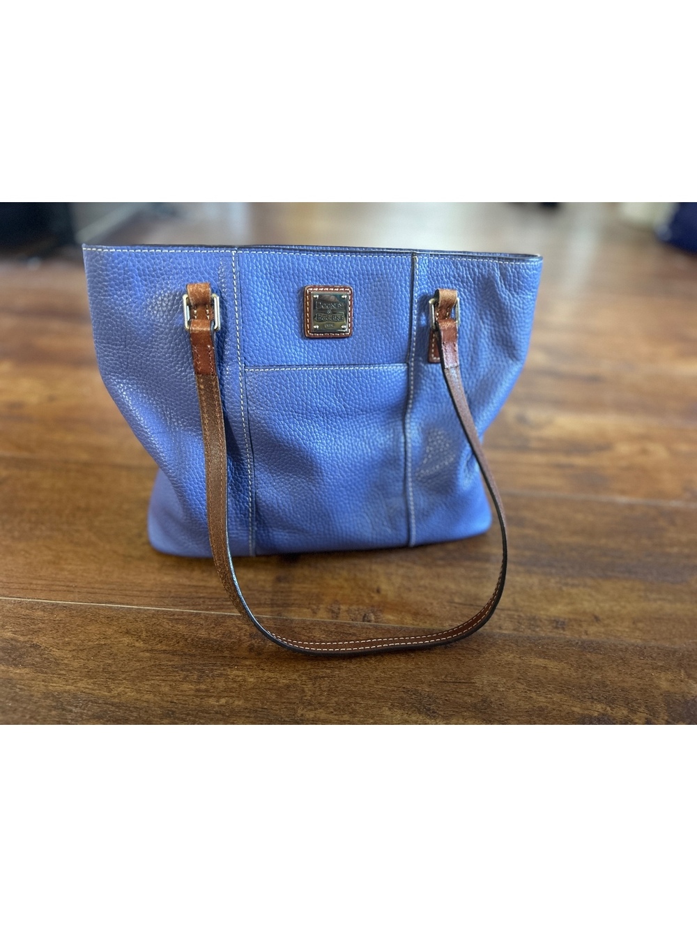 Dooney & Bourke Blue Pebbled Leather Tote Bag with Brown Straps